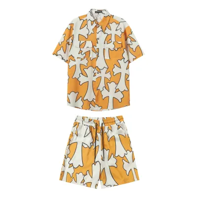 Chrome Hearts Cross Silk Shirt & Shorts Set Orange White 01