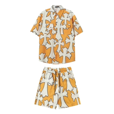 Chrome Hearts Cross Silk Shirt & Shorts Set Orange White 01
