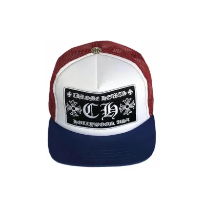 Chrome Hearts CH Hollywood Trucker Hat Red White Blue 01