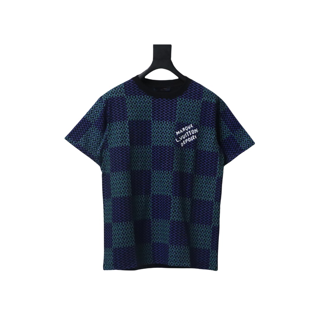 Coco Shoes Louis Vuitton Jacquard Damier Short-Sleeved Cotton Crewneck Dark Blue