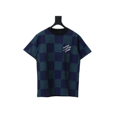 Coco Shoes Louis Vuitton Jacquard Damier Short-Sleeved Cotton Crewneck Dark Blue 01