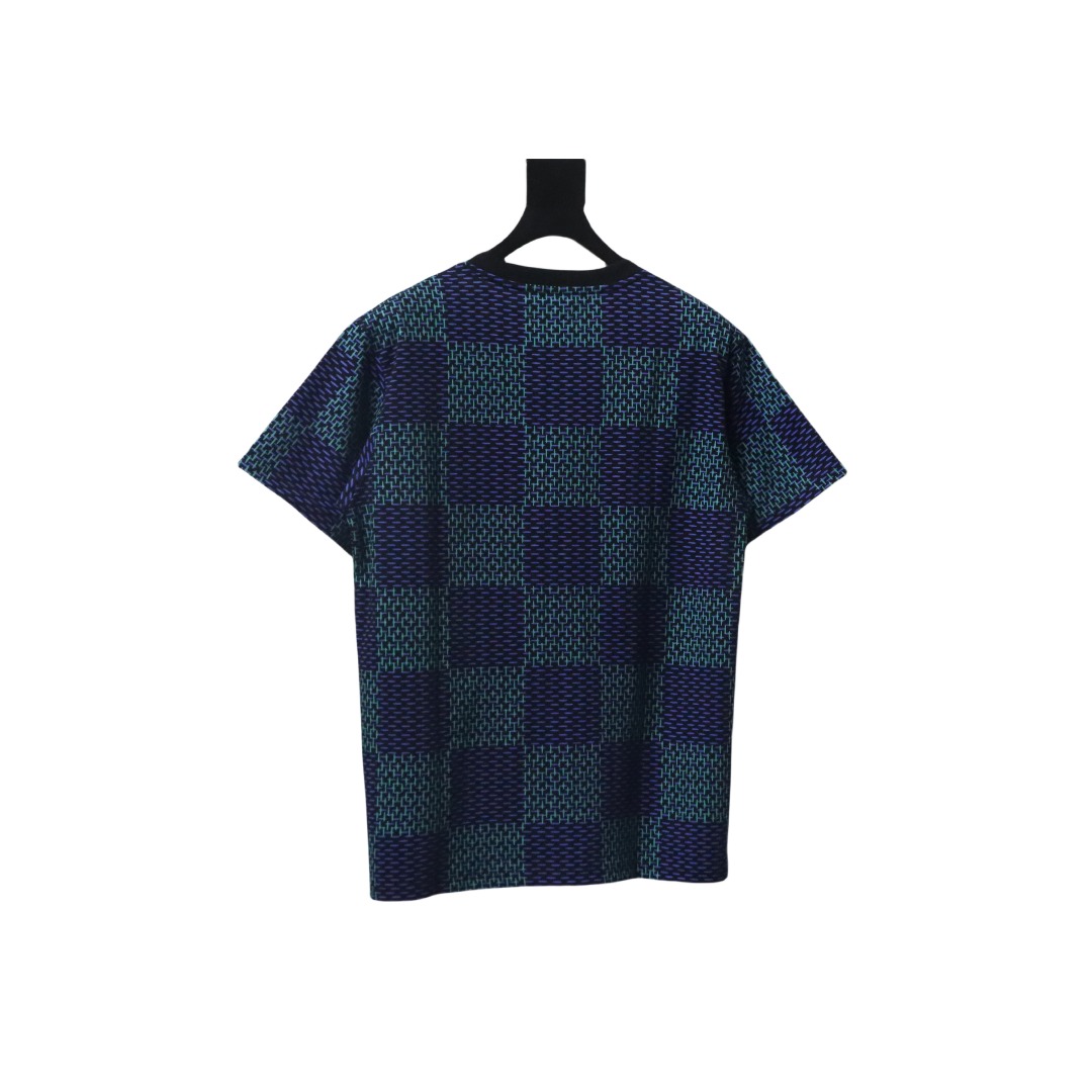 Coco Shoes Louis Vuitton Jacquard Damier Short-Sleeved Cotton Crewneck Dark Blue