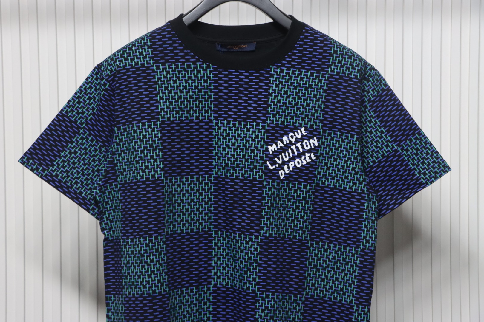 Coco Shoes Louis Vuitton Jacquard Damier Short-Sleeved Cotton Crewneck Dark Blue