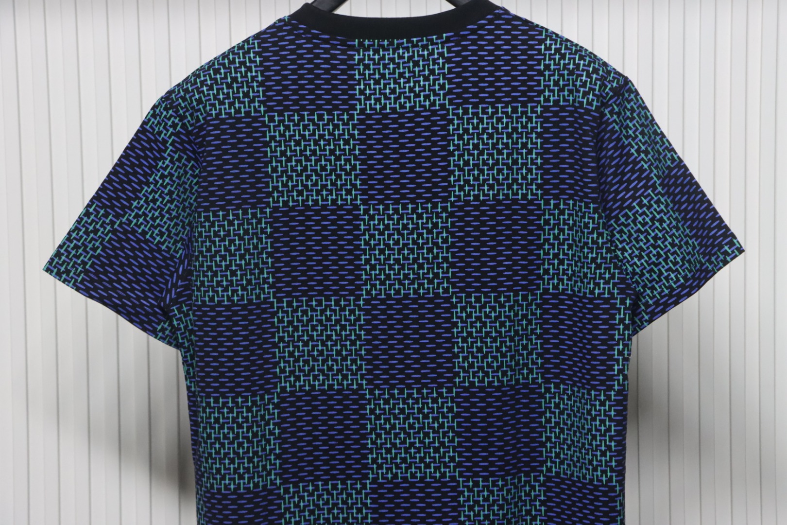 Coco Shoes Louis Vuitton Jacquard Damier Short-Sleeved Cotton Crewneck Dark Blue