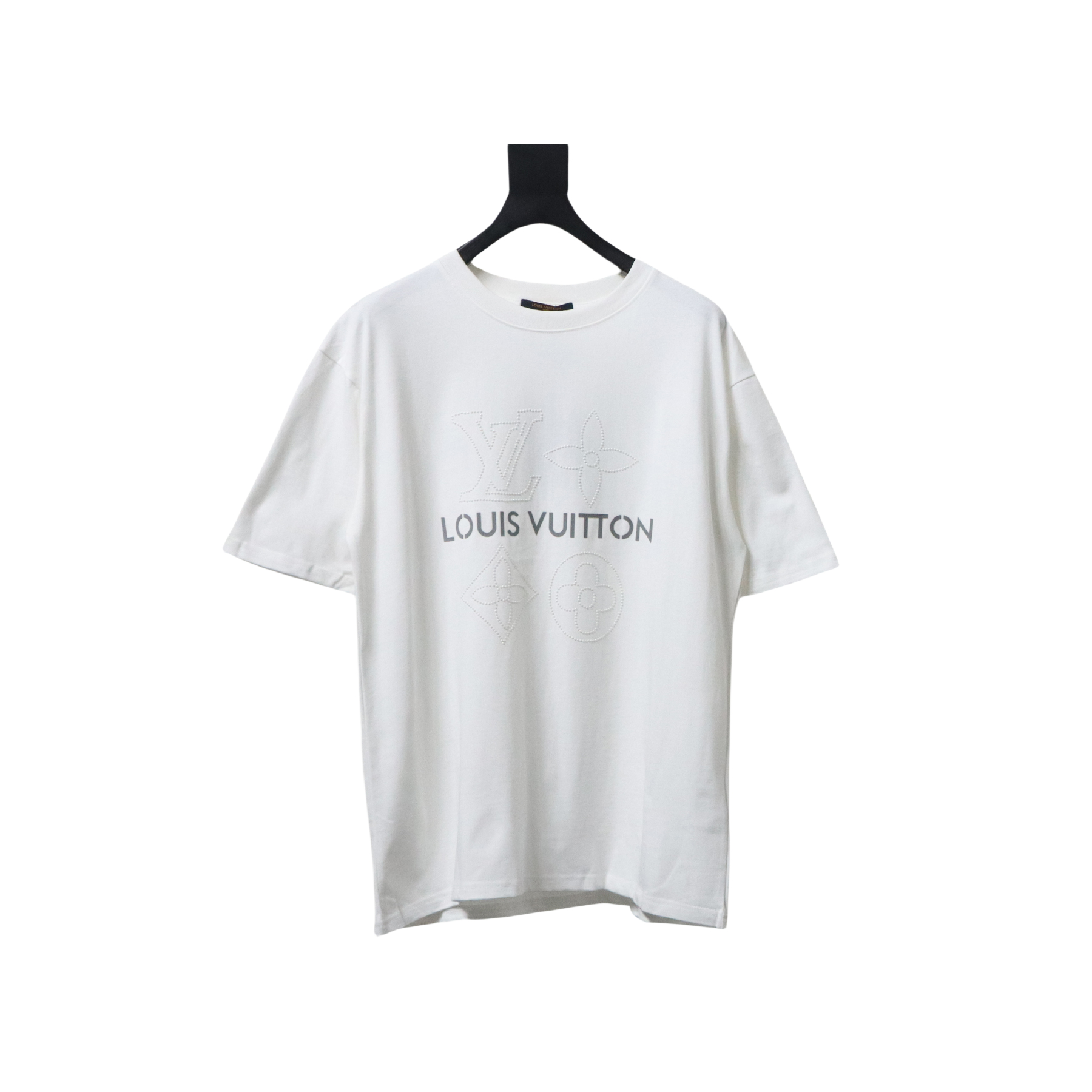 Coco Shoes Louis Vuitton Rhinestone Logo Reflective Lettering Print T-shirt White
