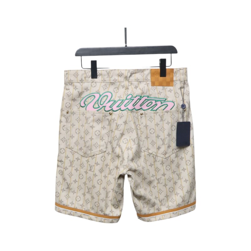 Louis Vuitton Monogram Printed Distressed Denim Shorts Khaki