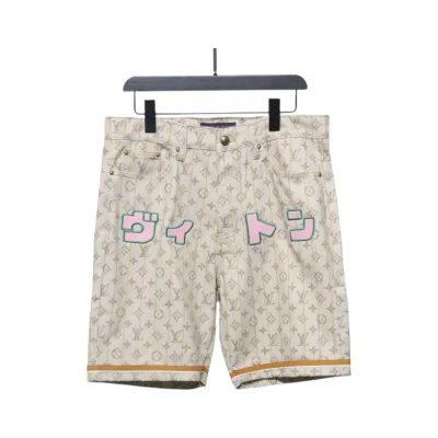 Louis Vuitton Monogram Printed Distressed Denim Shorts Khaki 01