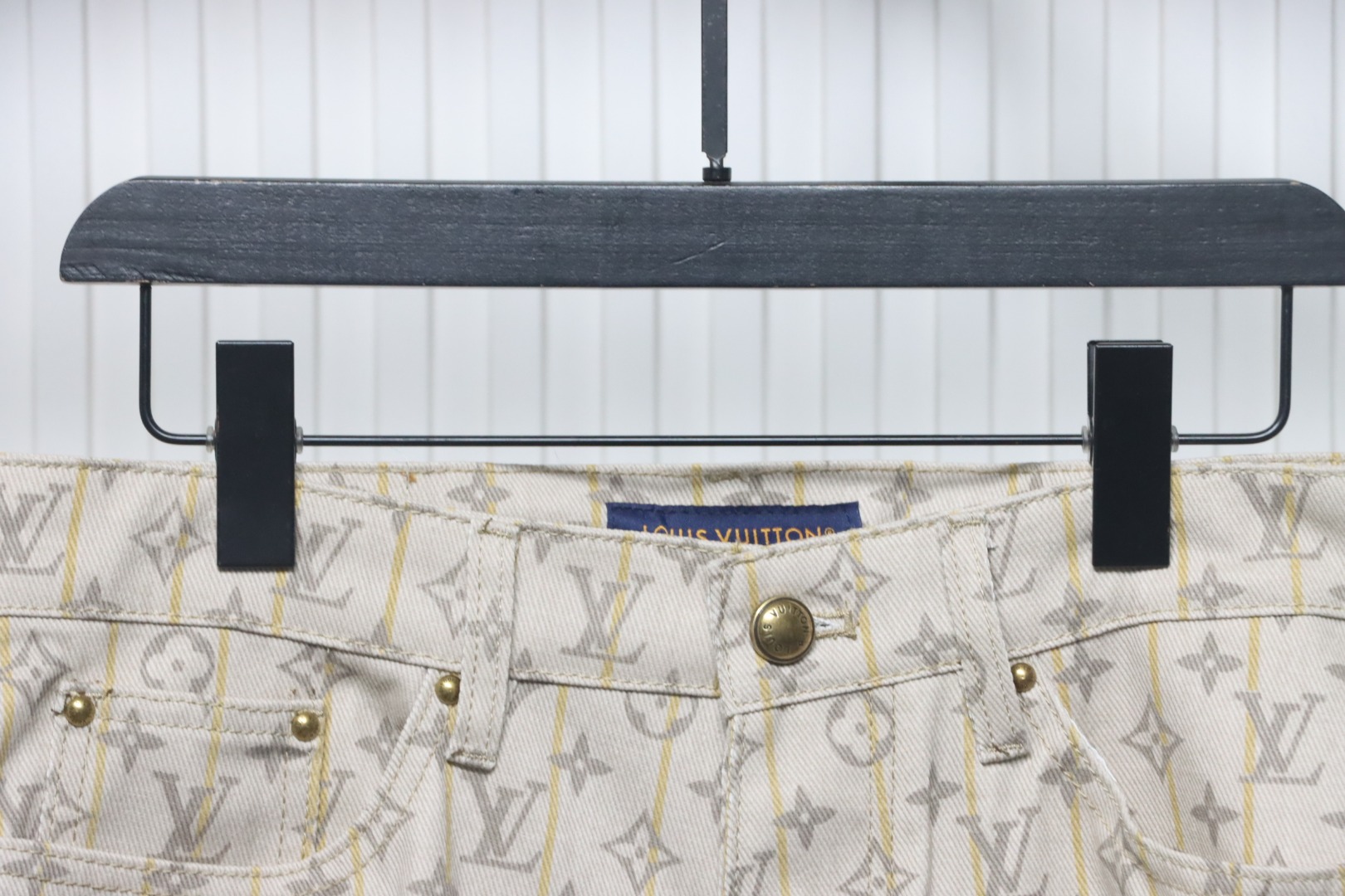 Louis Vuitton Monogram Printed Distressed Denim Shorts Khaki