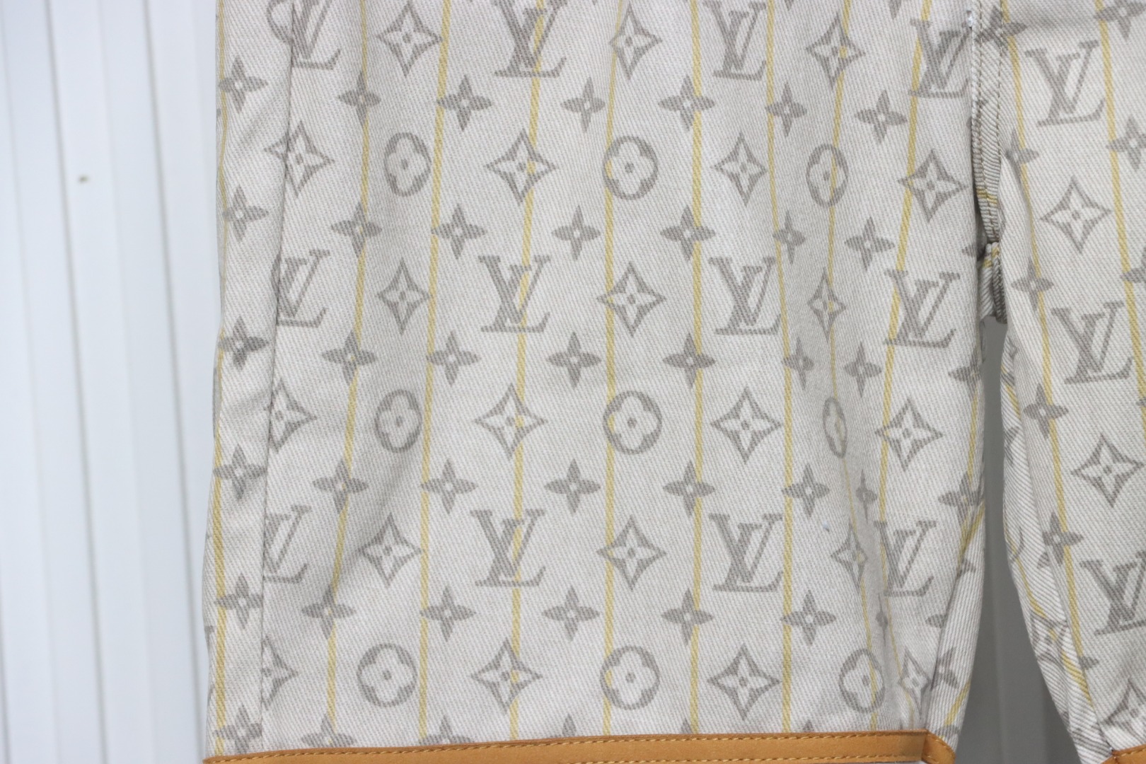 Louis Vuitton Monogram Printed Distressed Denim Shorts Khaki