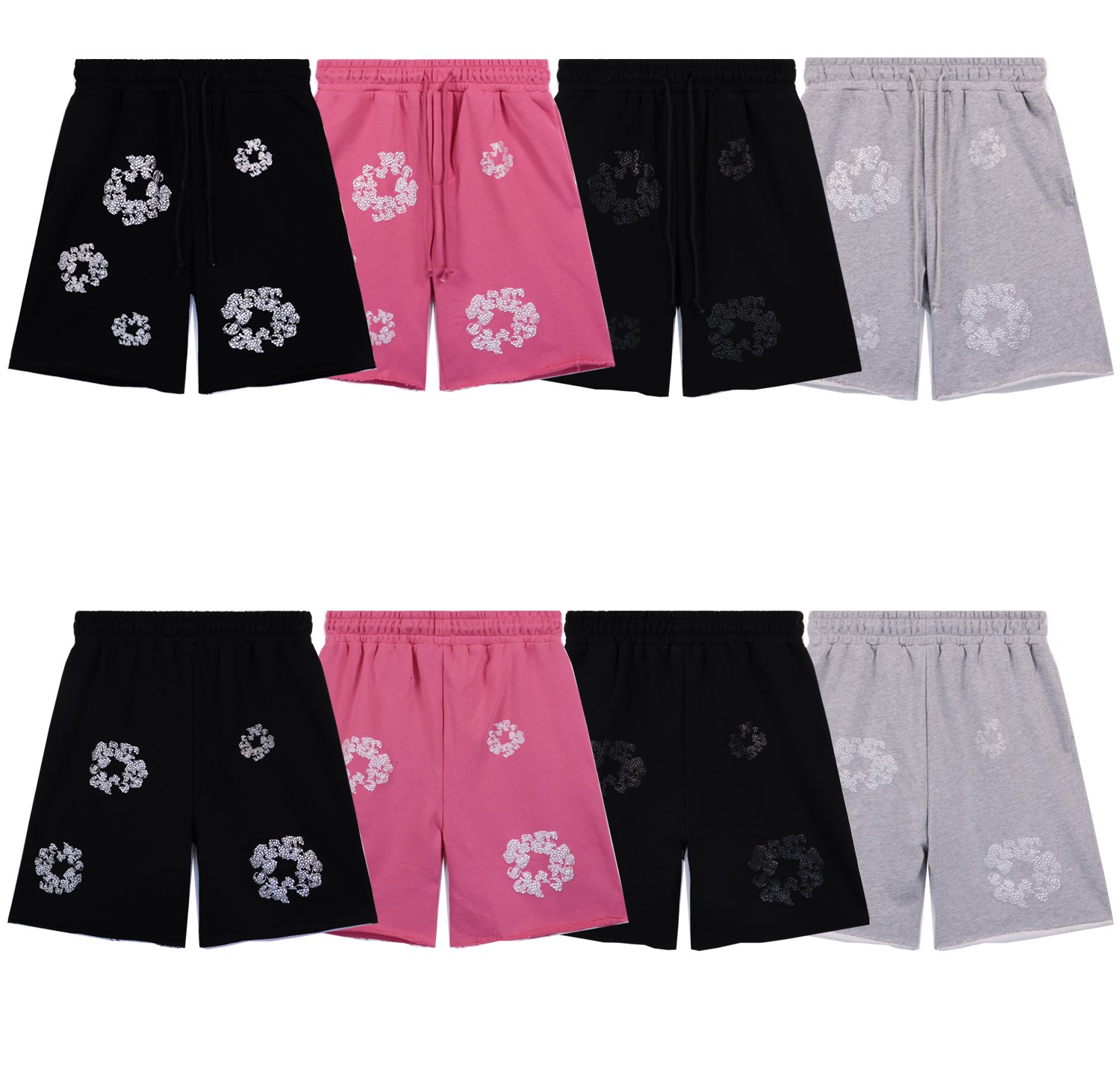  Denim Tears Glitter Patch Floral Print Shorts #8659 Black/Grey/Pink/Black Silver