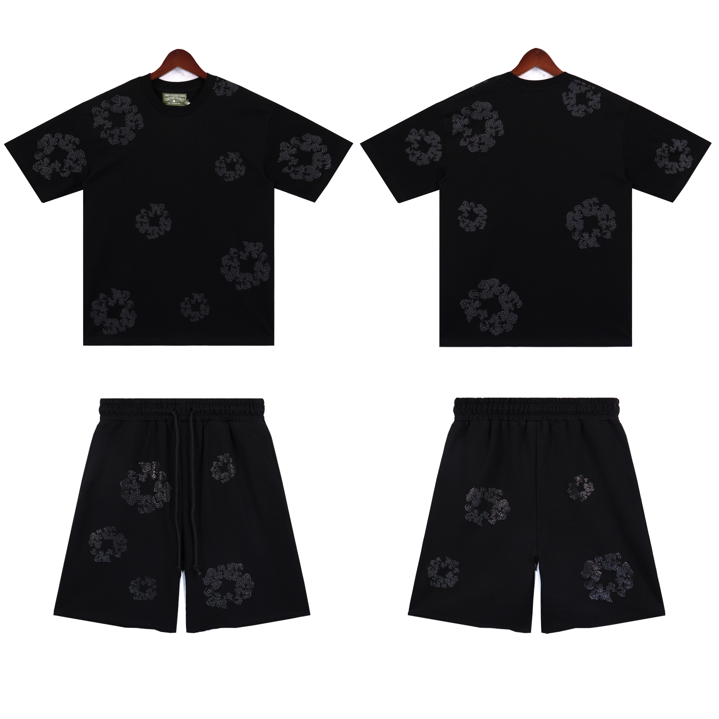 Denim Tears Glitter Patch Floral Print Short Summer Coordinated Set DT2671#8659 Black/Grey/Pink/Black Silver