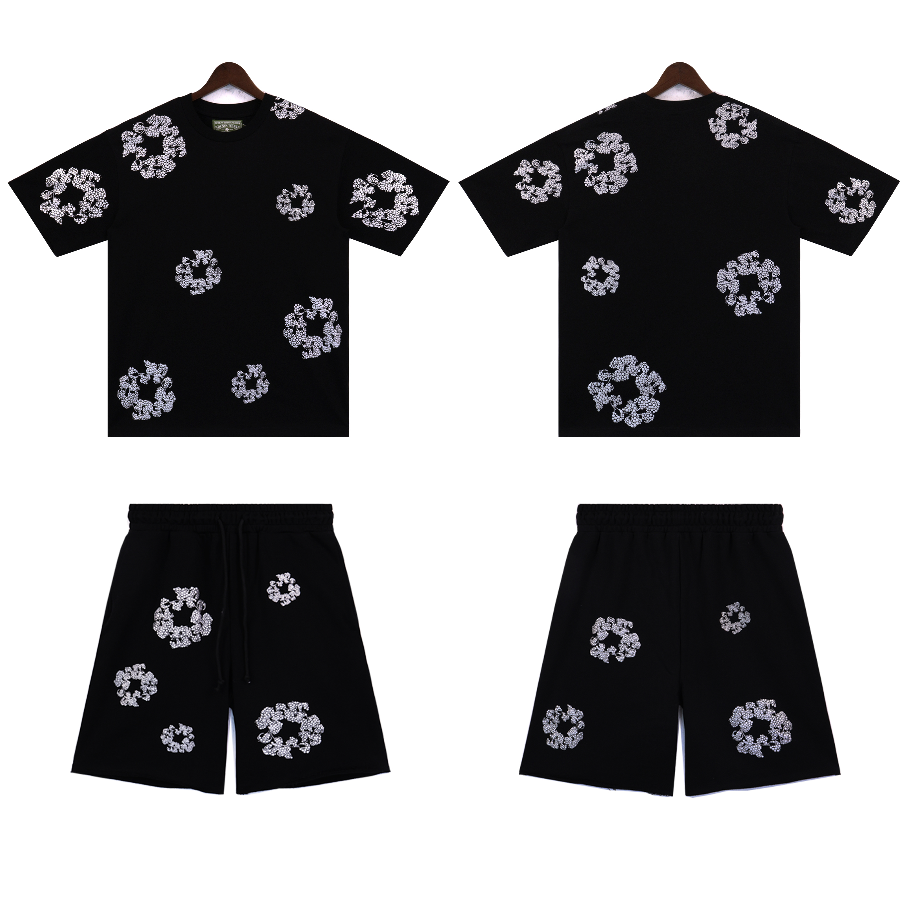 Denim Tears Glitter Patch Floral Print Short Summer Coordinated Set DT2671#8659 Black/Grey/Pink/Black Silver