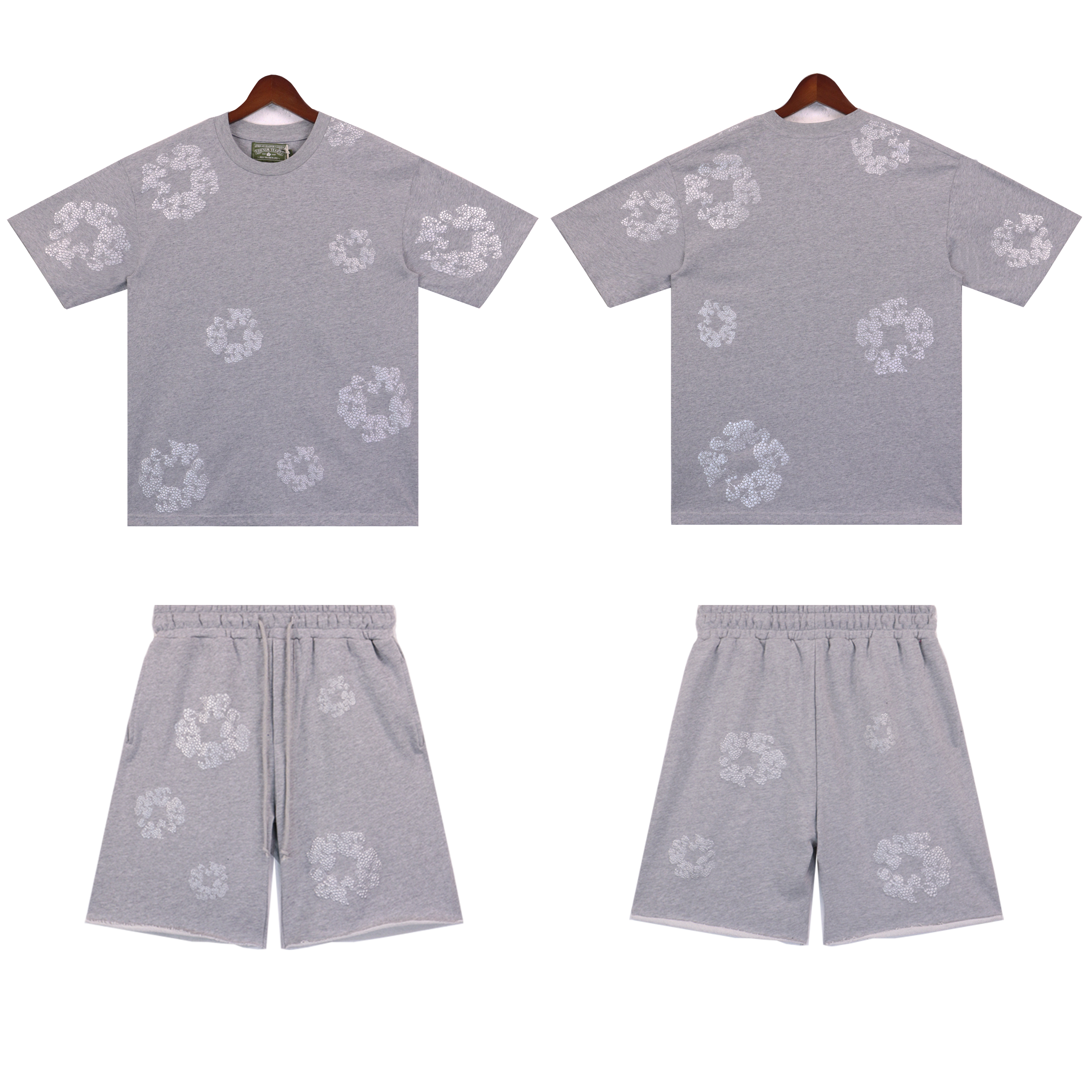 Denim Tears Glitter Patch Floral Print Short Summer Coordinated Set DT2671#8659 Black/Grey/Pink/Black Silver