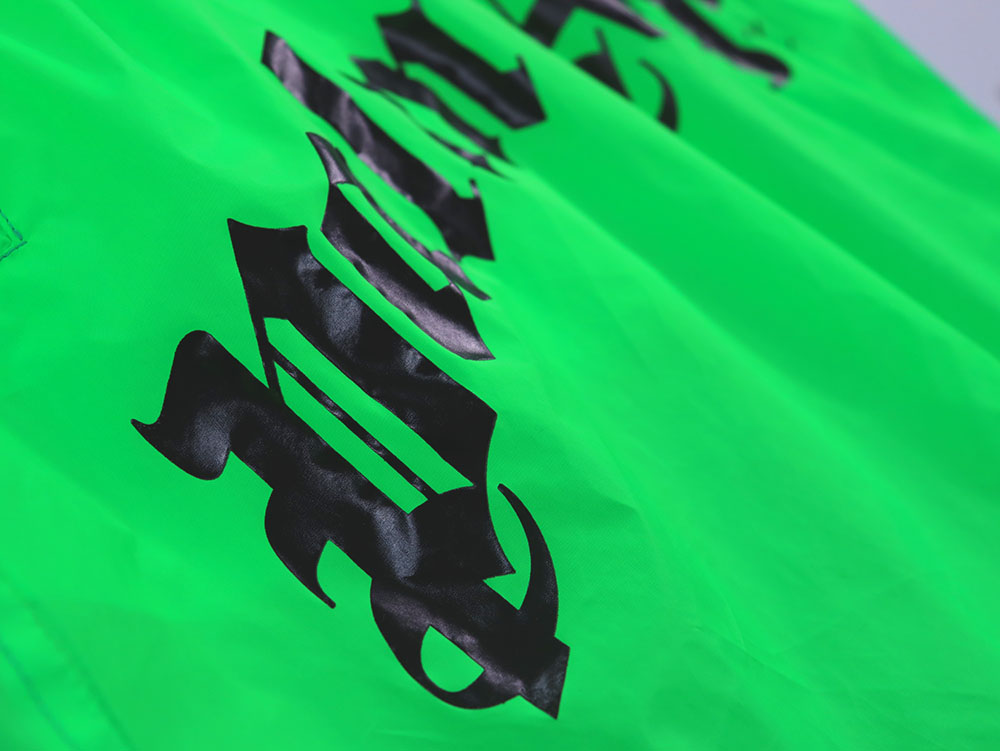 Palm Angels Curved Logo Bold Swim Shorts #8507 Green Fluo/Black/Green/Blue