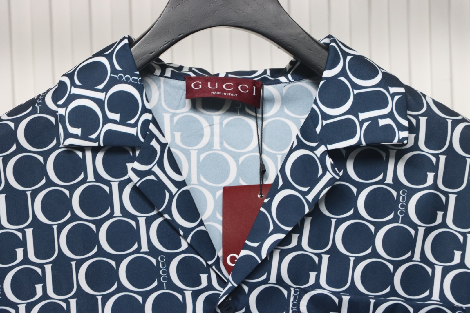 Gucci Logo Printed Light Cotton Poplin Shirt Navy
