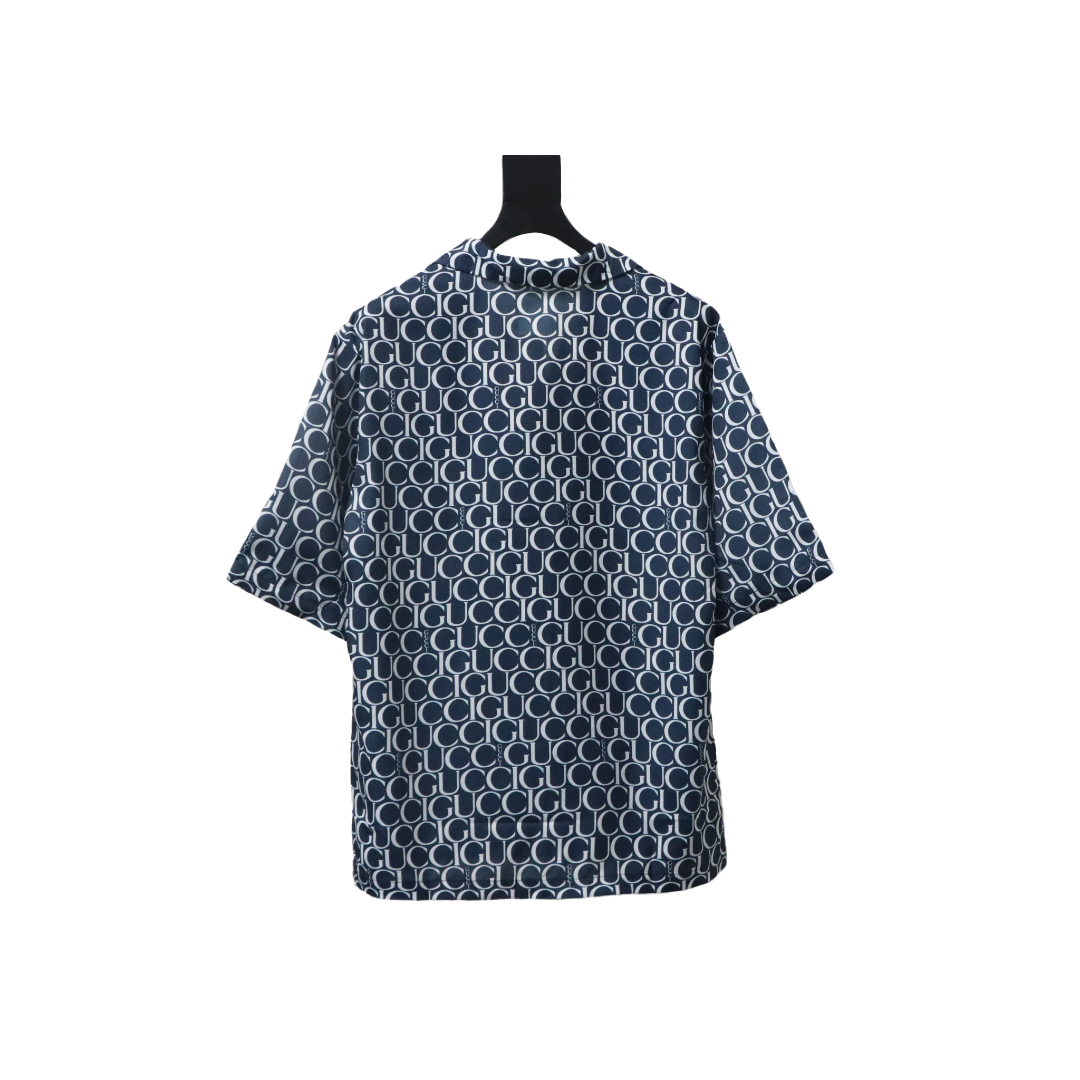 Gucci Logo Printed Light Cotton Poplin Shirt Navy