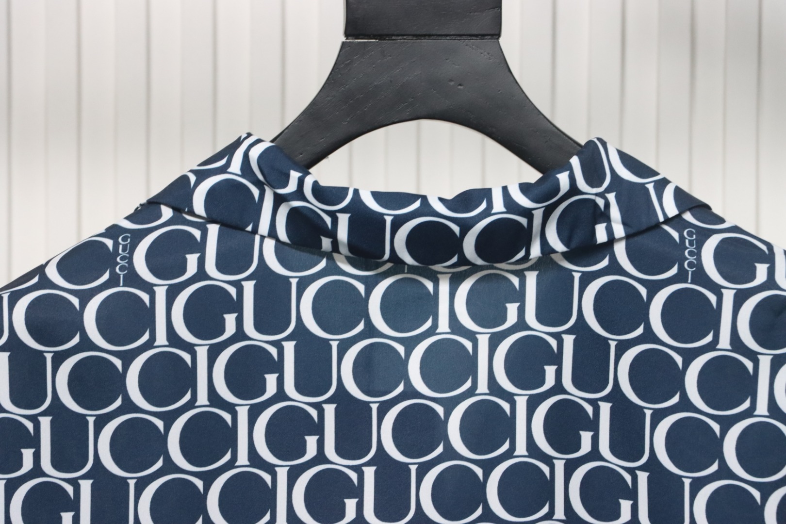 Gucci Logo Printed Light Cotton Poplin Shirt Navy