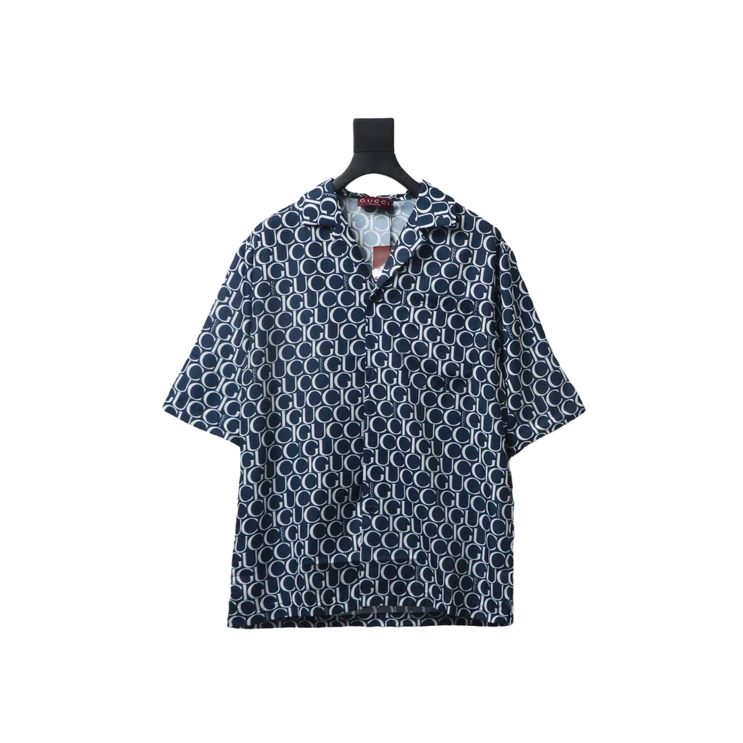 Gucci Logo Printed Light Cotton Poplin Shirt Navy