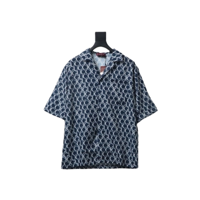 Gucci Logo Printed Light Cotton Poplin Shirt Navy 01