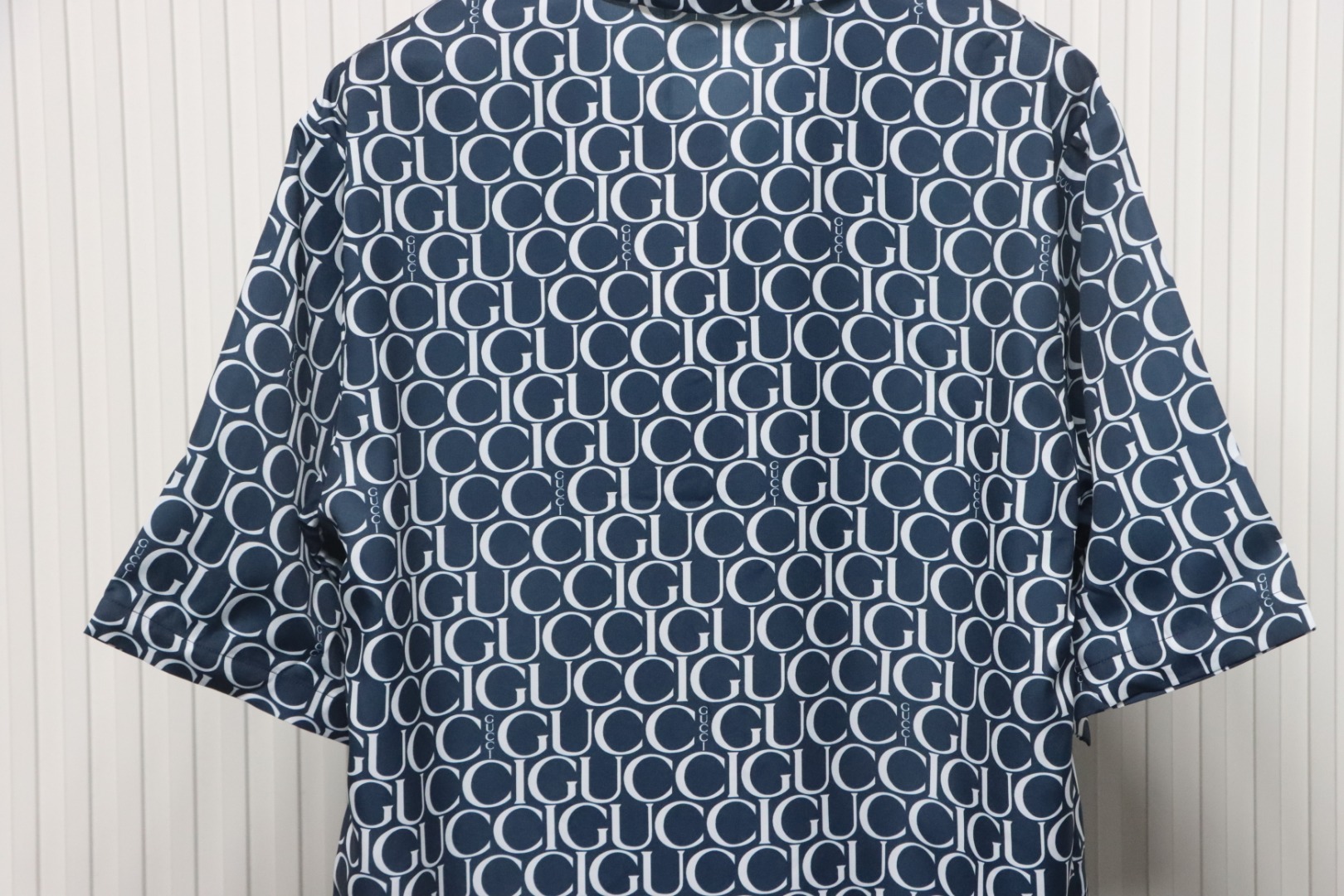 Gucci Logo Printed Light Cotton Poplin Shirt Navy