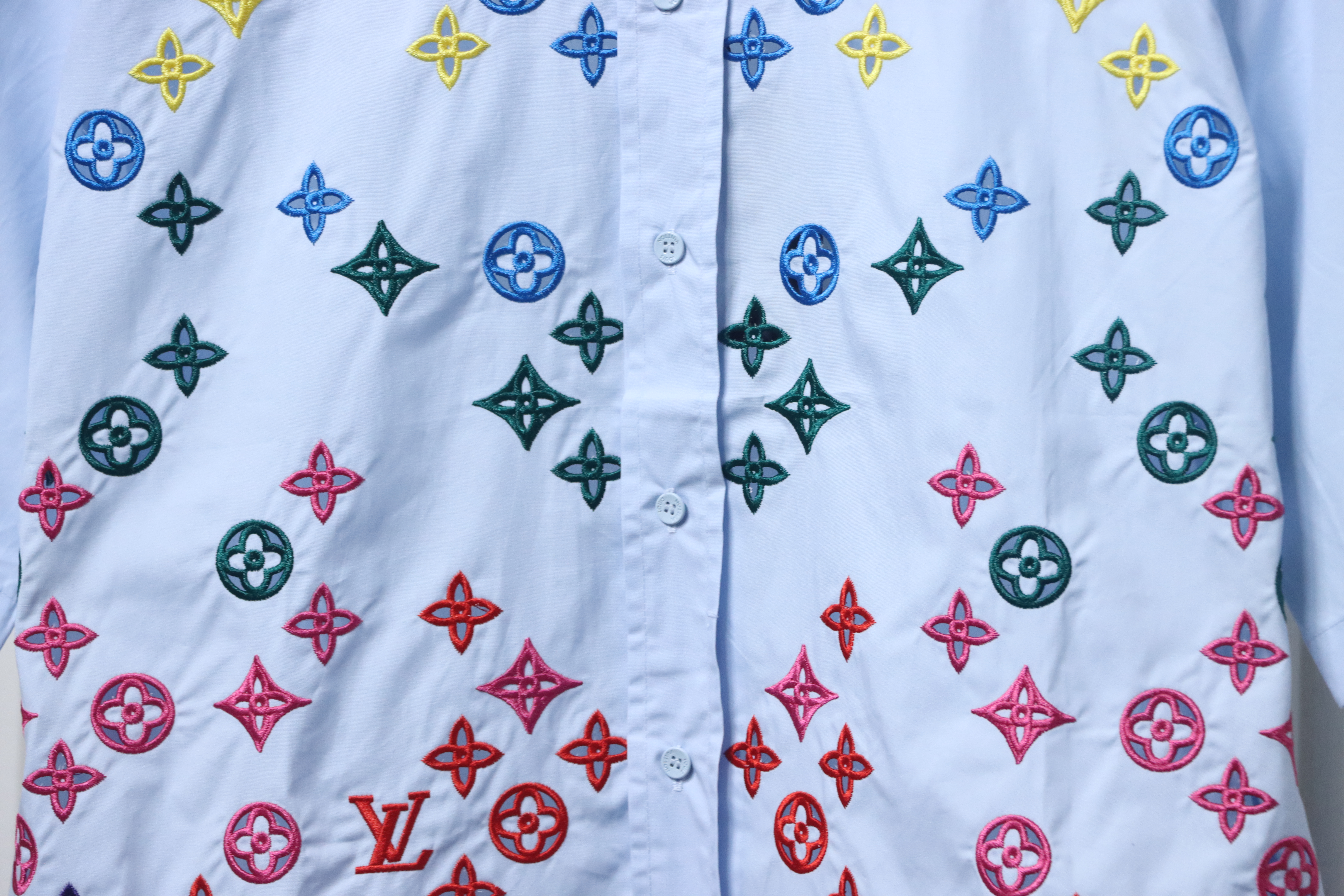 Louis Vuitton Monogram Flowers Embroidered Short-Sleeved Shirt Sky Blue