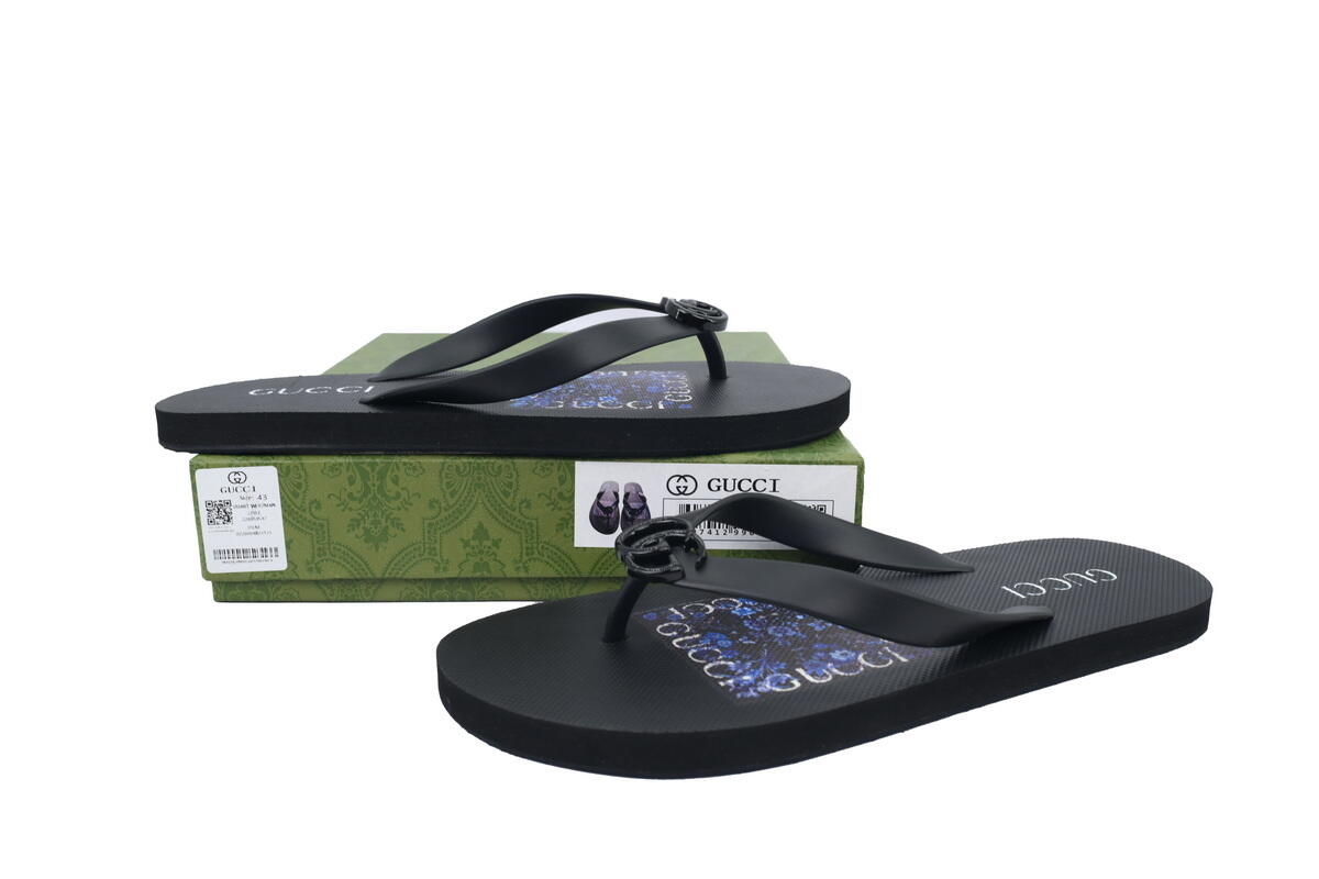 Gucci Flip Flops Blue Bottom Flower All Black