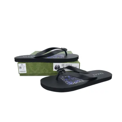 Gucci Flip Flops Blue Bottom Flower All Black 01
