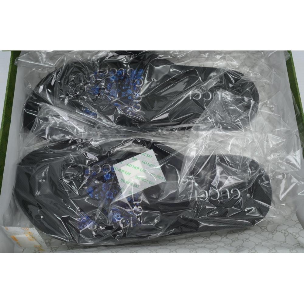 Gucci Flip Flops Blue Bottom Flower All Black