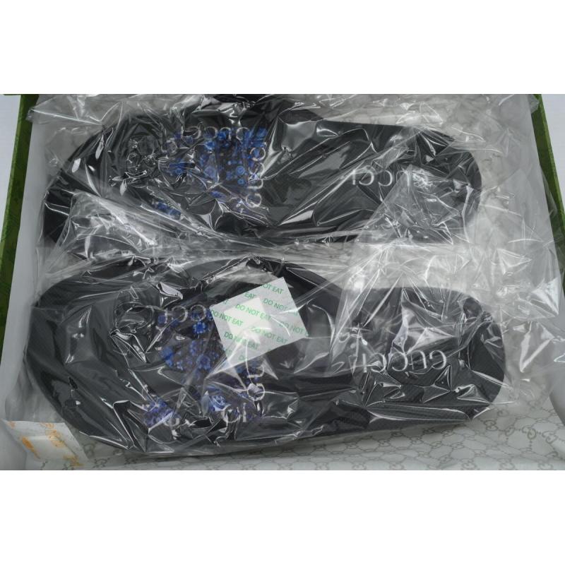 Gucci Flip Flops Blue Bottom Flower All Black