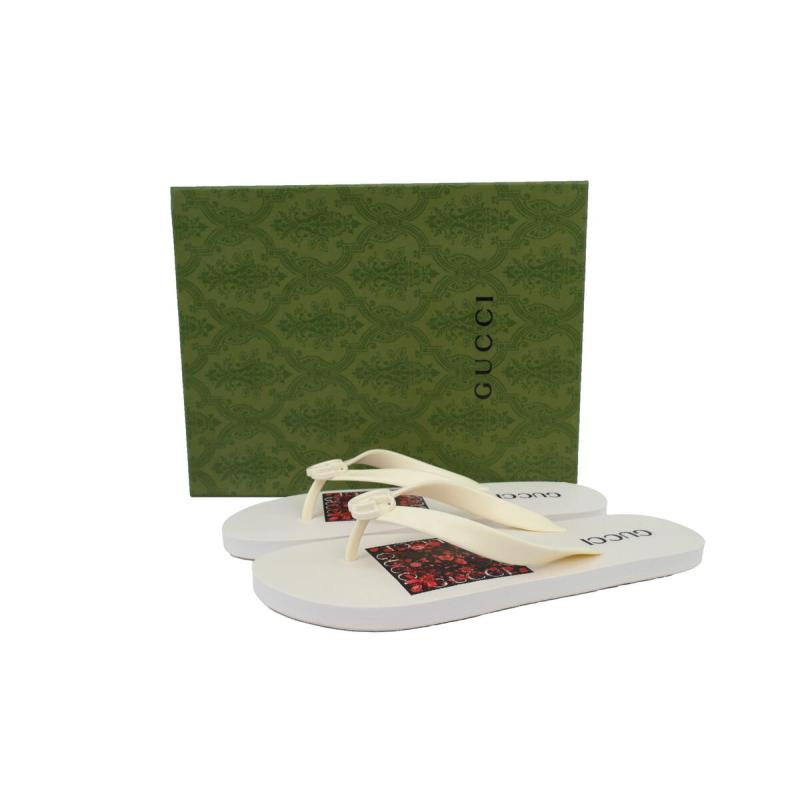 Gucci Flip Flops Red Bottom Flower Rice White