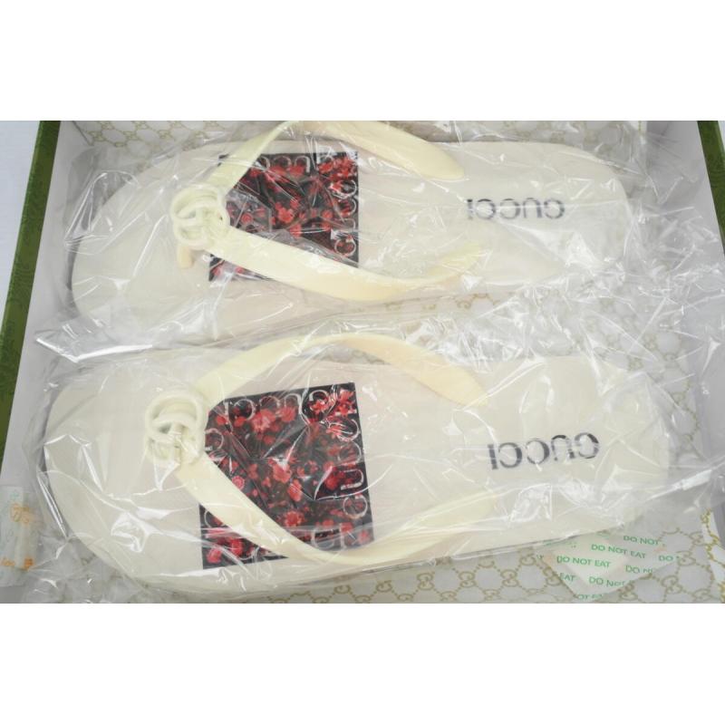 Gucci Flip Flops Red Bottom Flower Rice White