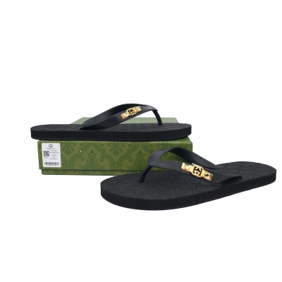 Gucci Slippers Gold Printed Black 01