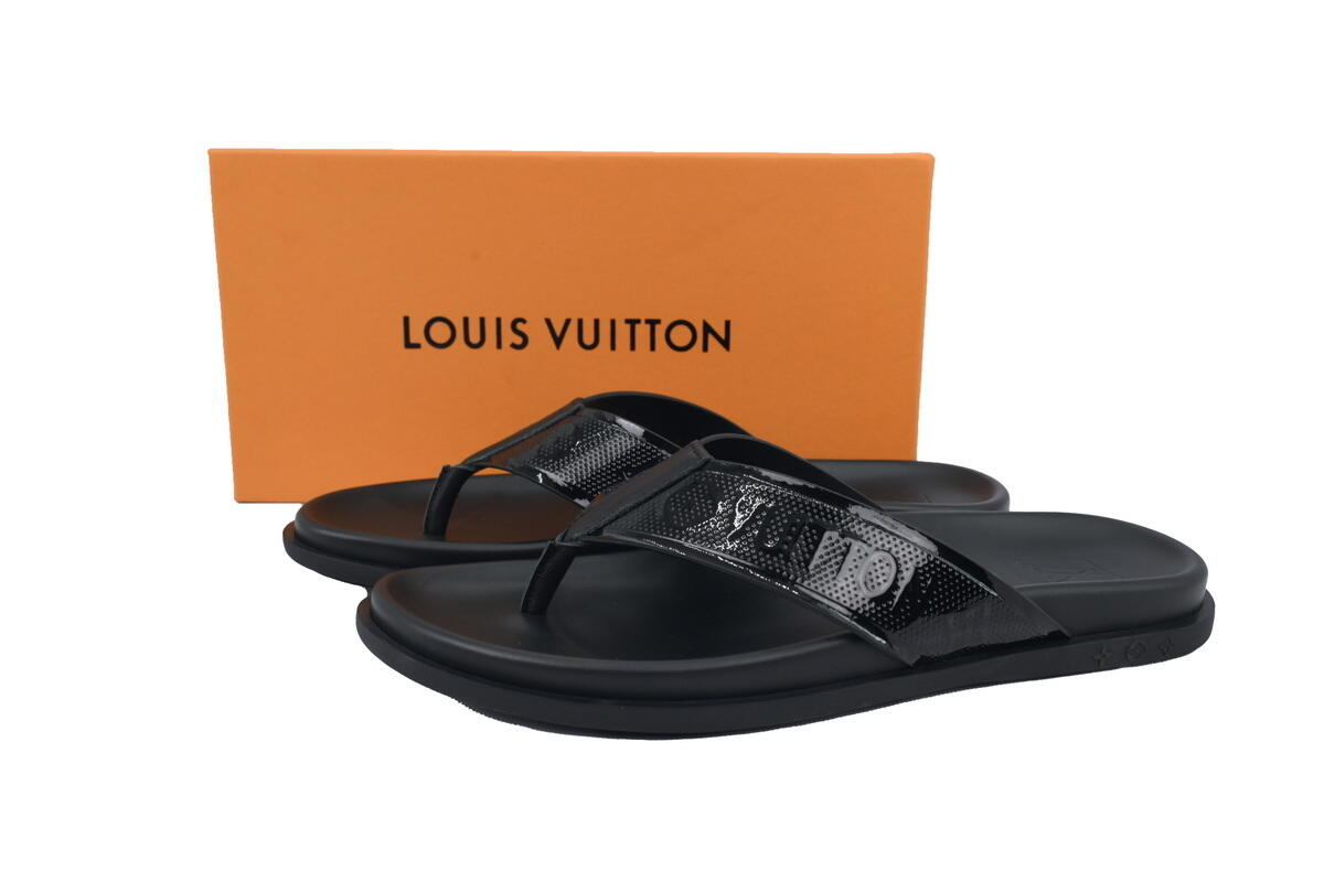 Louis Vuitton Flip Flop Sandal Full-Lettering Logo Jet Black Leather