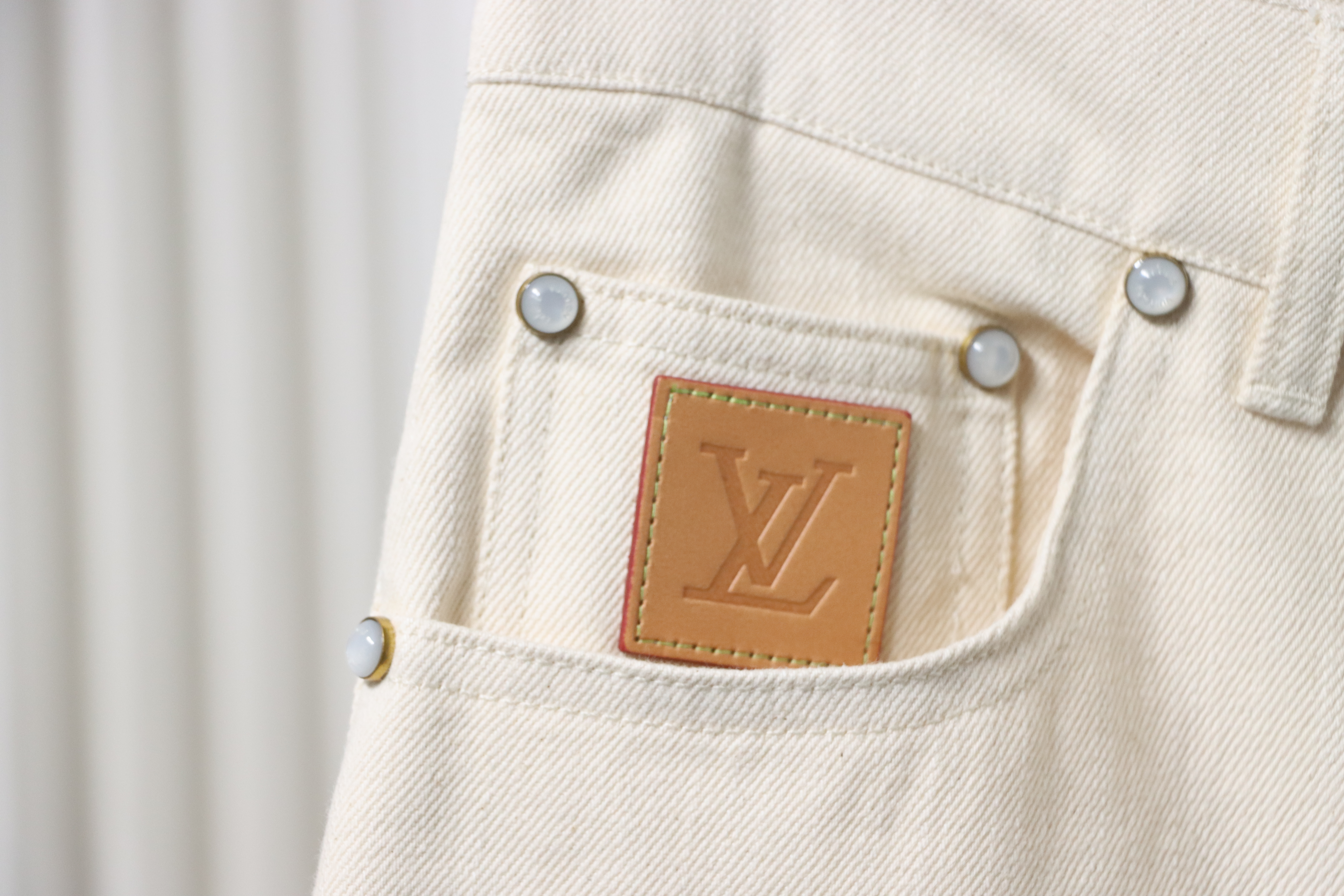 Louis Vuitton Pocket Leather Label Denim Shorts Beige