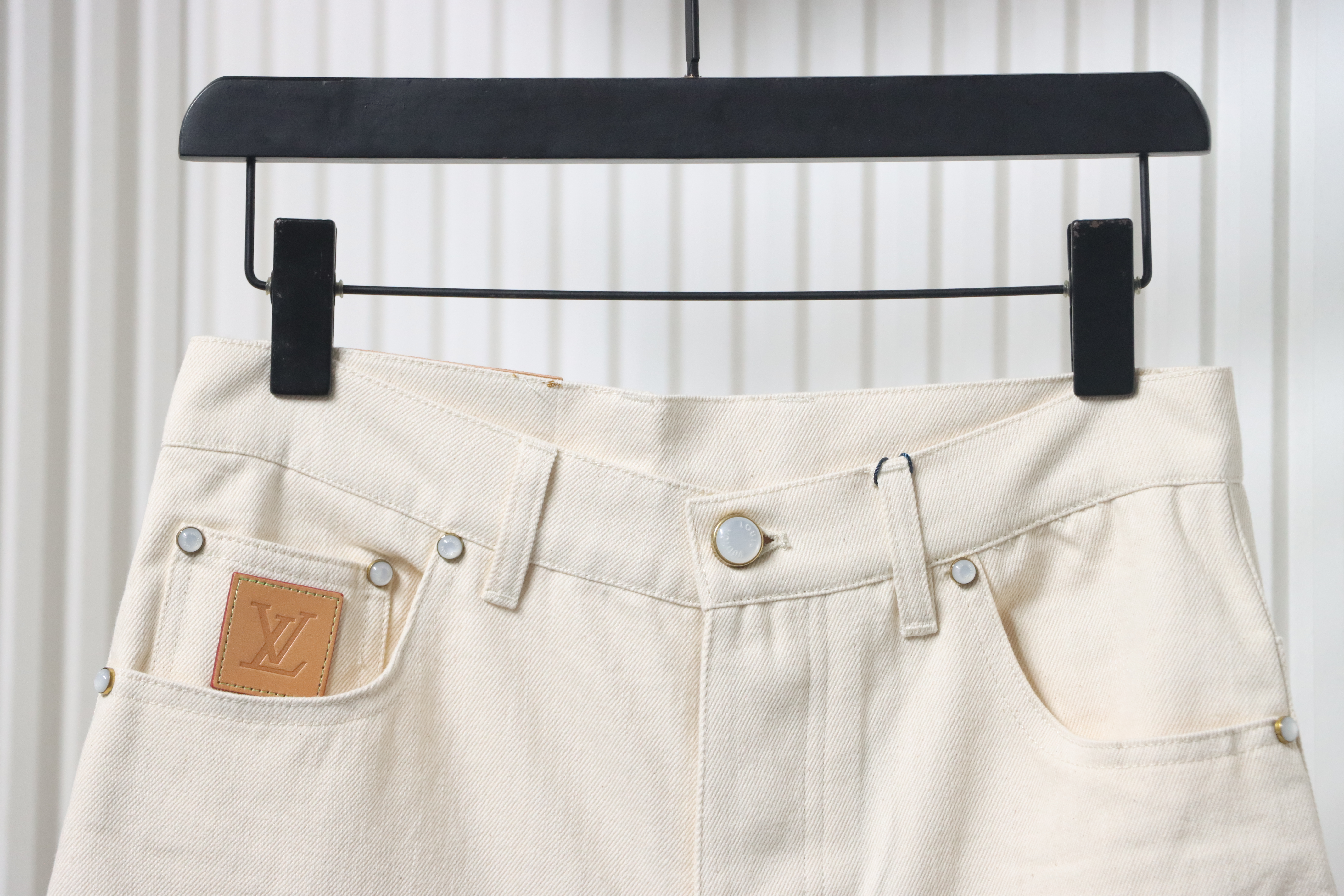 Louis Vuitton Pocket Leather Label Denim Shorts Beige
