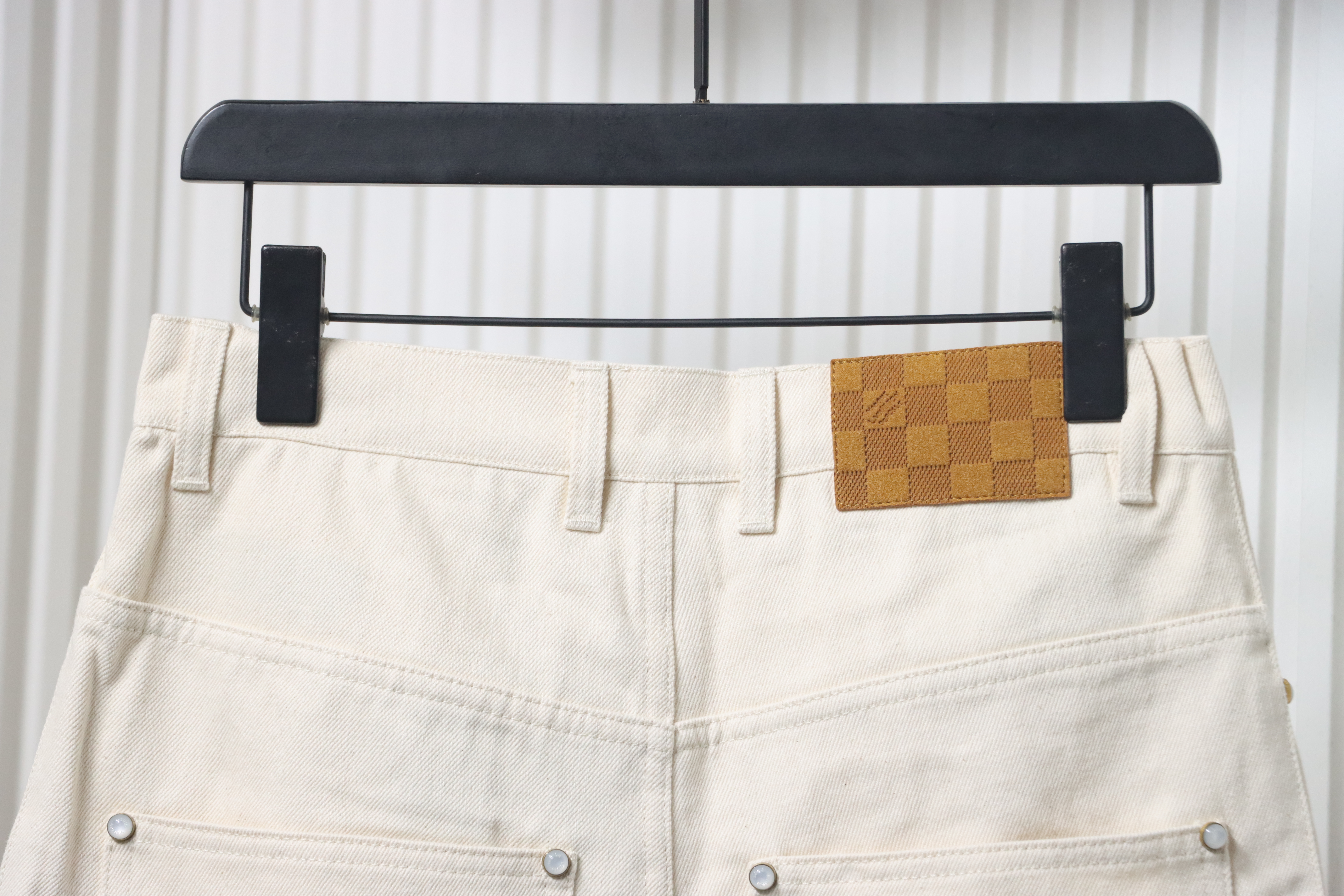 Louis Vuitton Pocket Leather Label Denim Shorts Beige