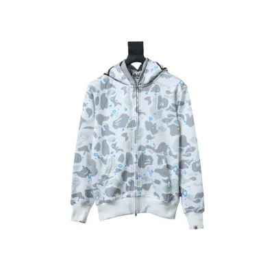 Bape Full Zip Shark Camouflage Print Hoodie White Silver 01