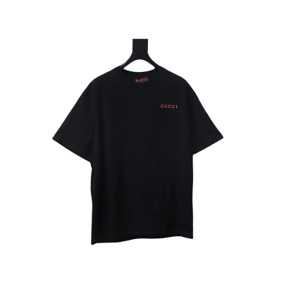 Gucci Small Label Pink Embroidery T-shirt Black 01