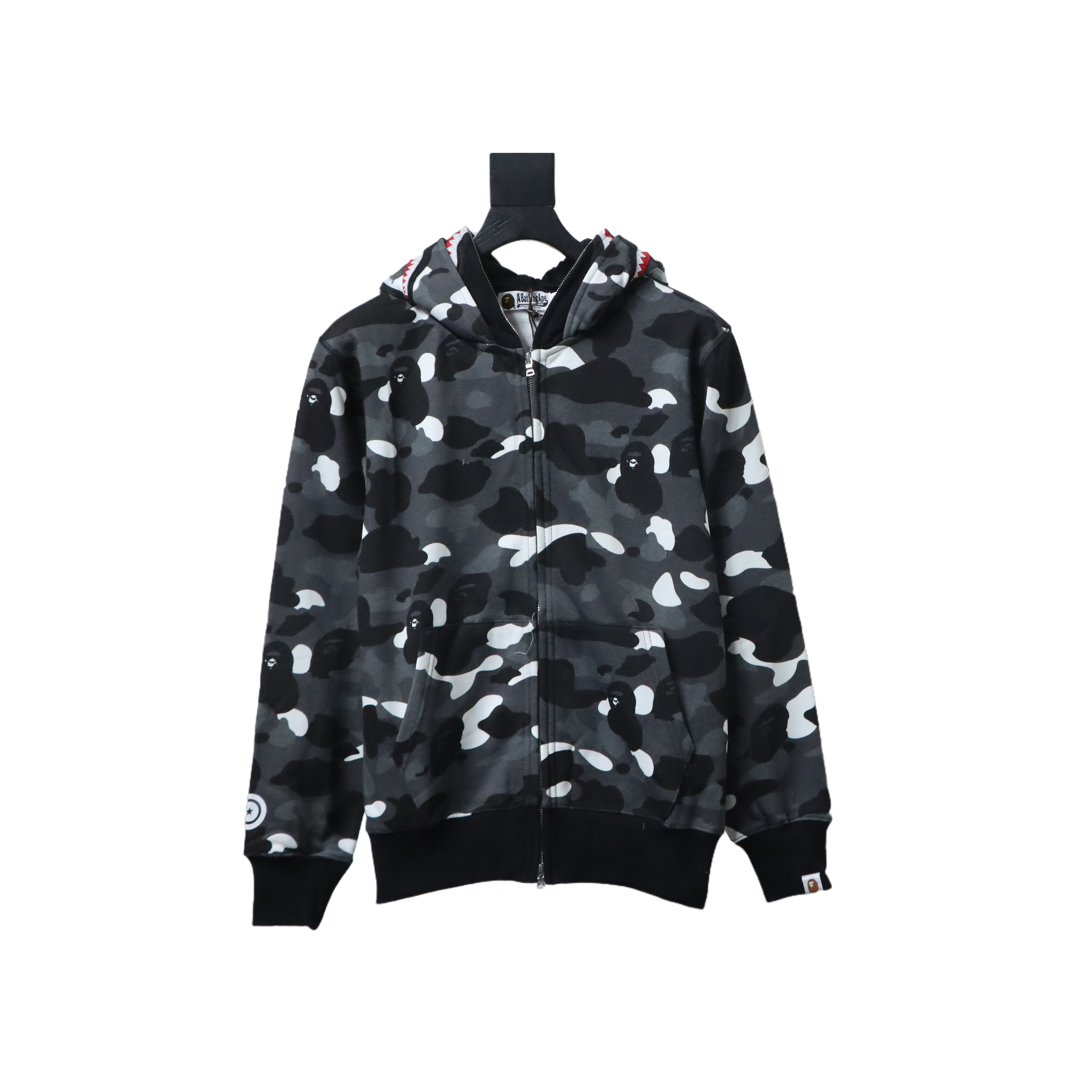 Bape Full Zip Shark Glow-in-the-Dark Camouflage Print Hoodie Black And White
