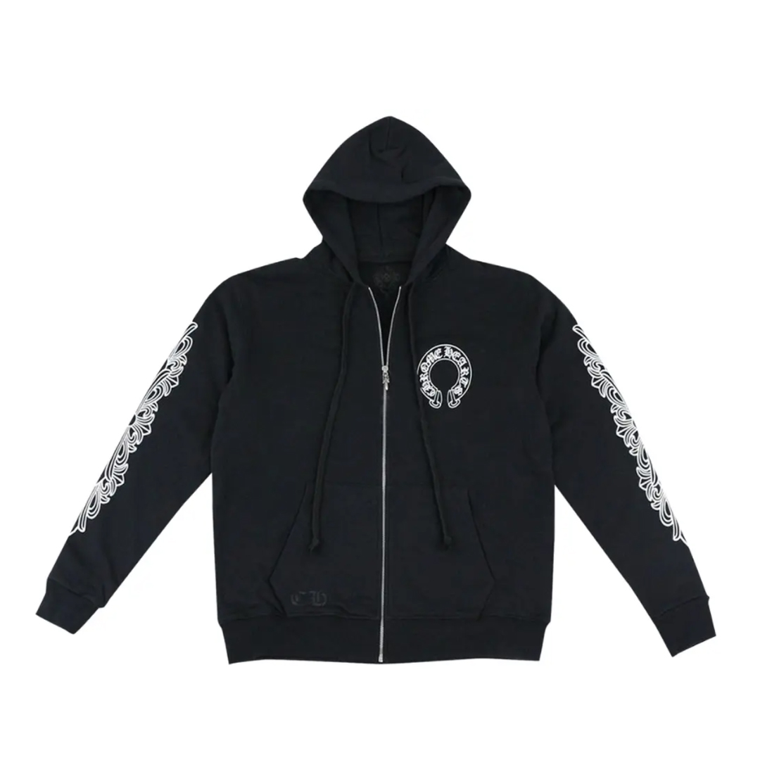 Chrome Hearts Horseshoe Floral Cross Sleeve Zip Up Hoodie Black