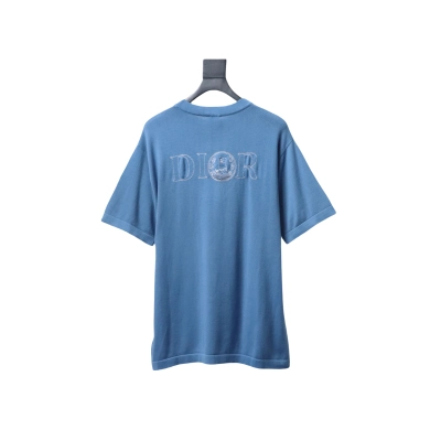Dior Cat Embroidered Knitted T-shirt Blue 02