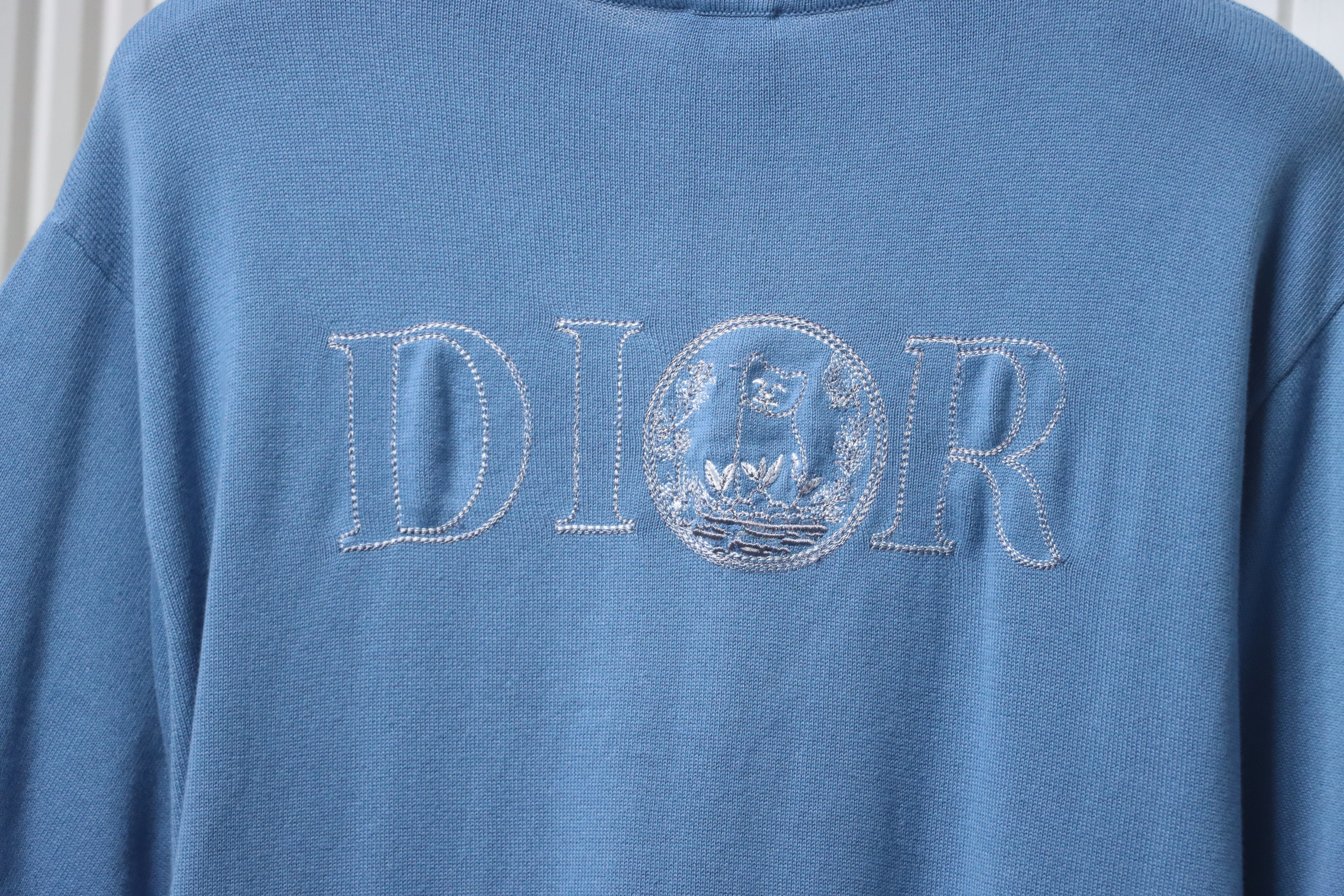 Dior Cat Embroidered Knitted T-shirt Blue