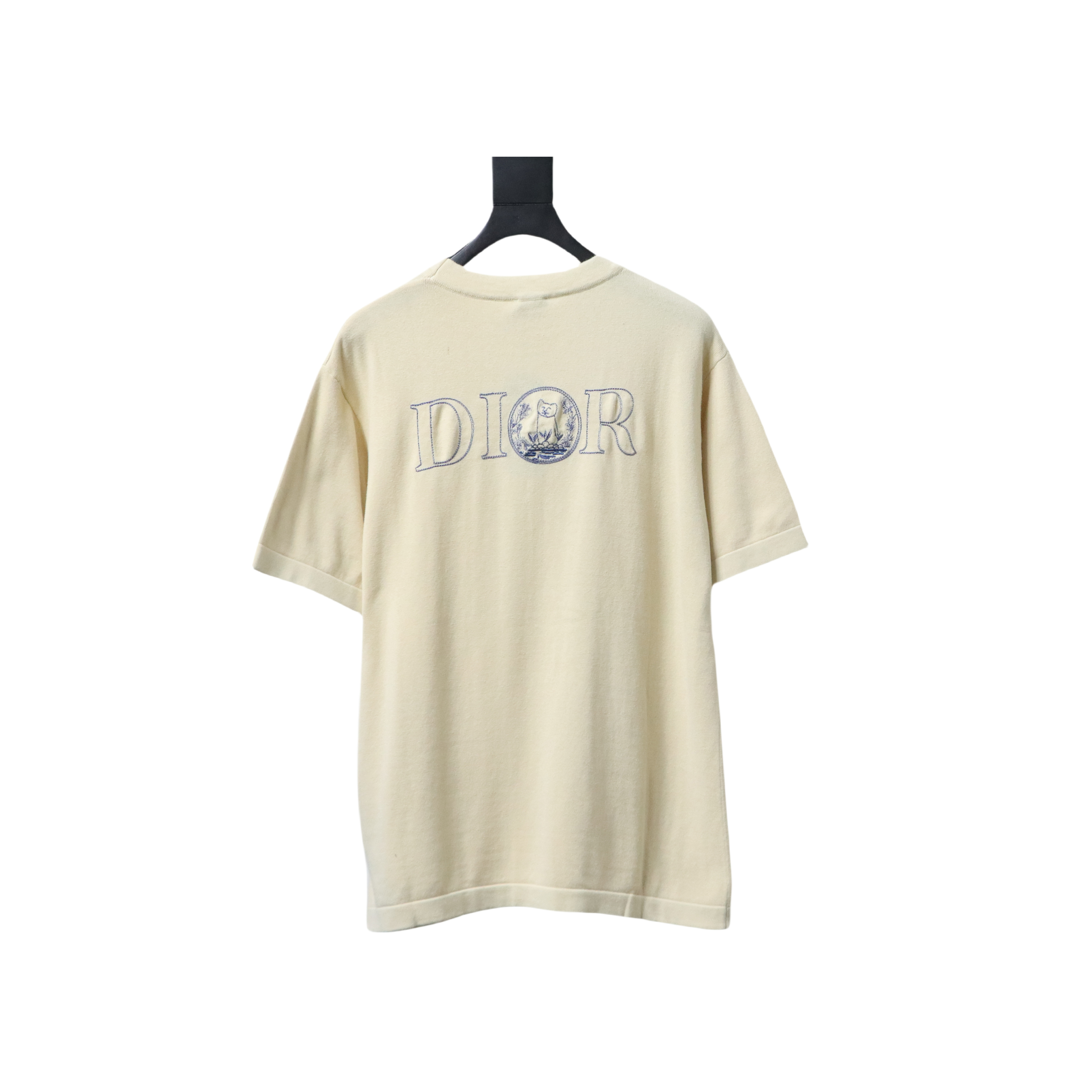 Dior Cat Embroidered Knitted T-shirt Yellow