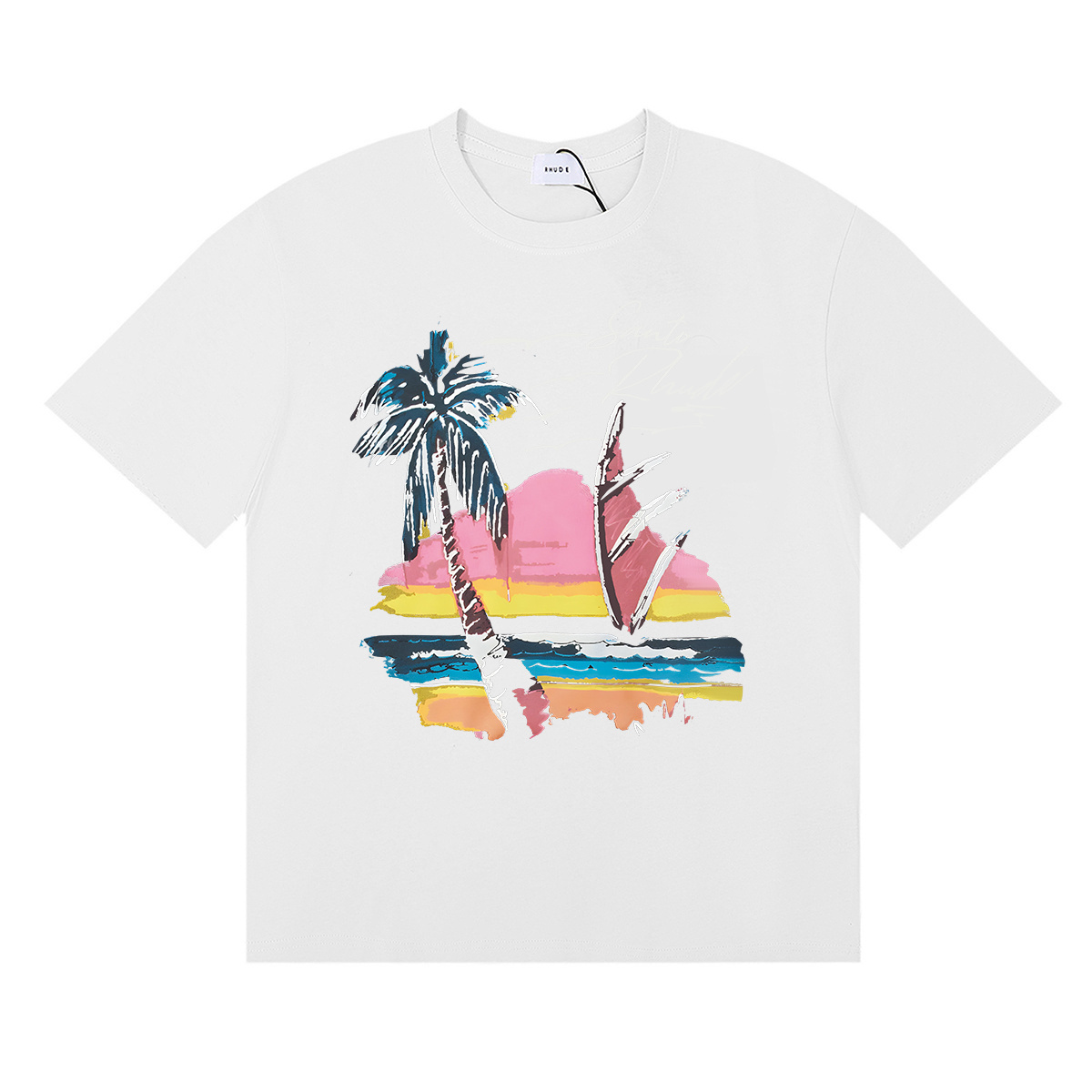 Rhude Coconut Tree And Sailboat Print T-Shirt #50156 Apricot/White/Black
