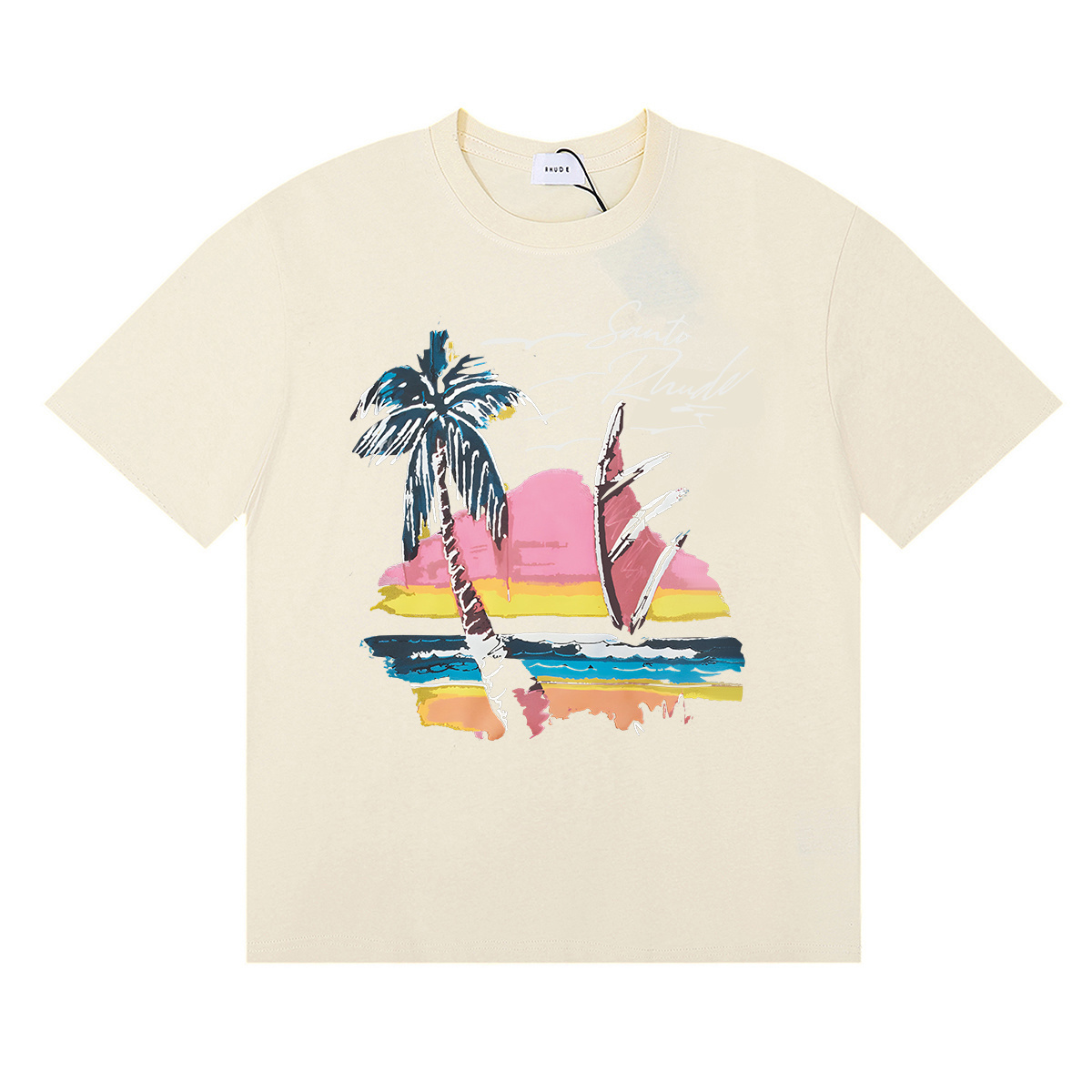 Rhude Coconut Tree And Sailboat Print T-Shirt #50156 Apricot/White/Black