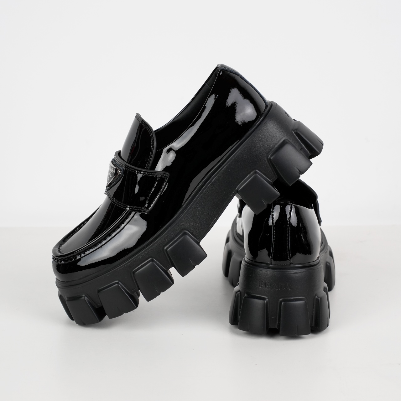 Prada Monolith Triangle Logo Leather Platform Loafers Black