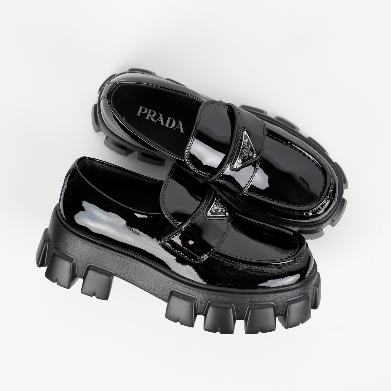 Prada Monolith Triangle Logo Leather Platform Loafers Black