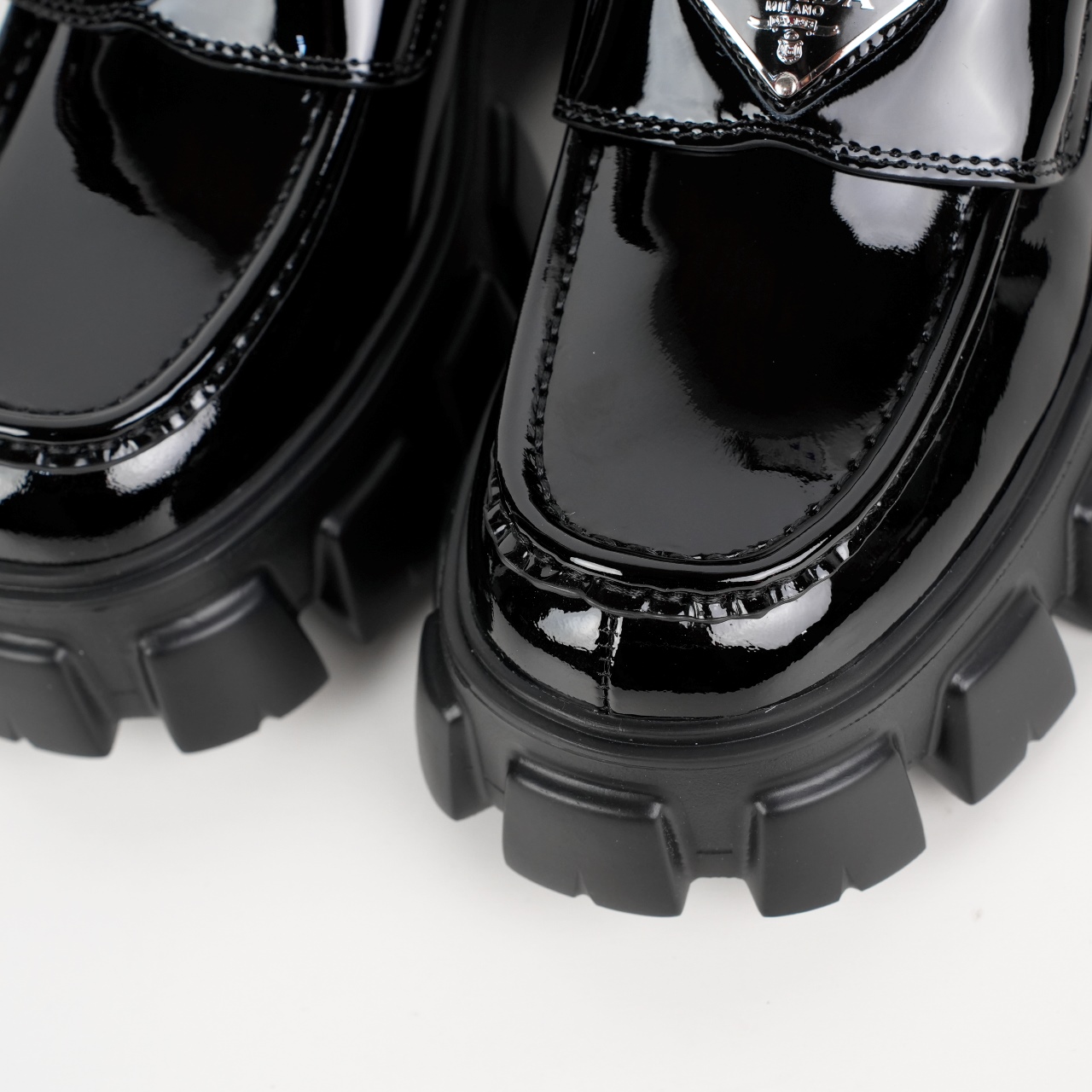 Prada Monolith Triangle Logo Leather Platform Loafers Black