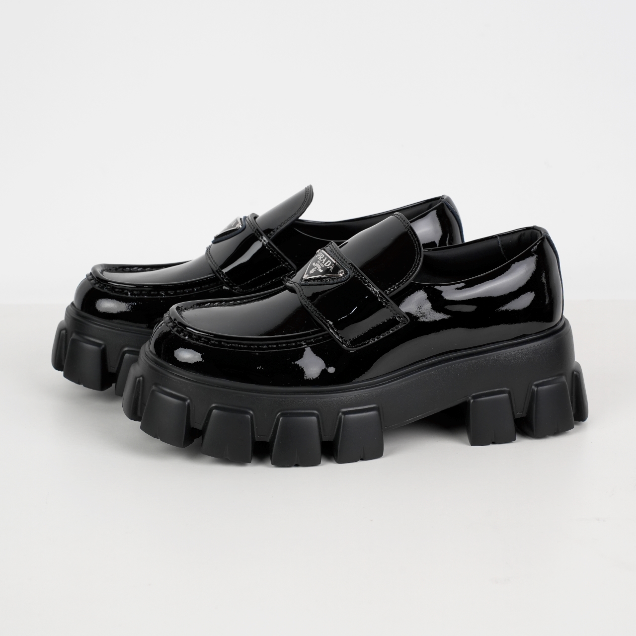 Prada Monolith Triangle Logo Leather Platform Loafers Black