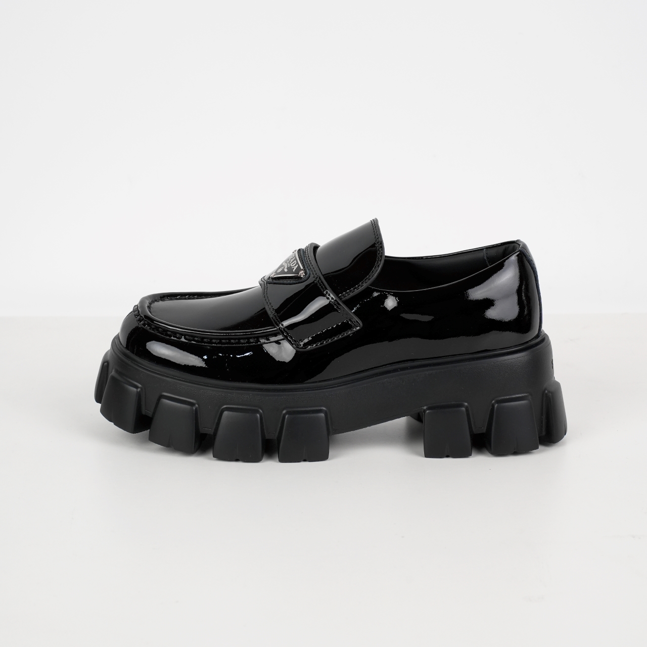 Prada Monolith Triangle Logo Leather Platform Loafers Black